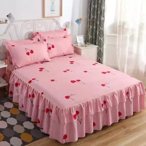 luxury floral printed bed skirt set(Pink with Hearts)