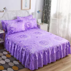 luxury floral printed bed skirt set(Purple)