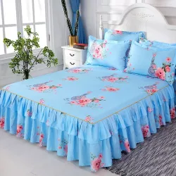 luxury floral printed bed skirt set(Jordy blue)