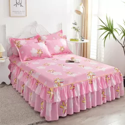 luxury floral printed bed skirt set(Pink with yellow flowers)