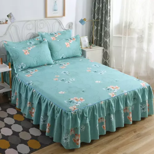 luxury floral printed bed skirt set(Shadow green)