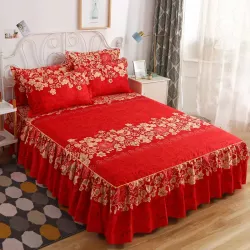 luxury floral printed bed skirt set(Red)