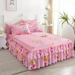 luxury floral printed bed skirt set(Pink with red and white flowers)