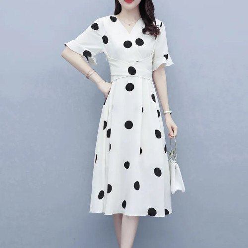Slim A-line Casual Dress(White with black dots)