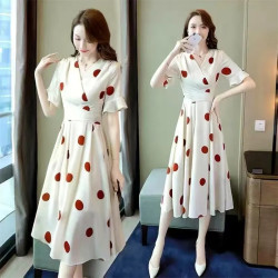 Slim A-line Casual Dress(White with Red dots)
