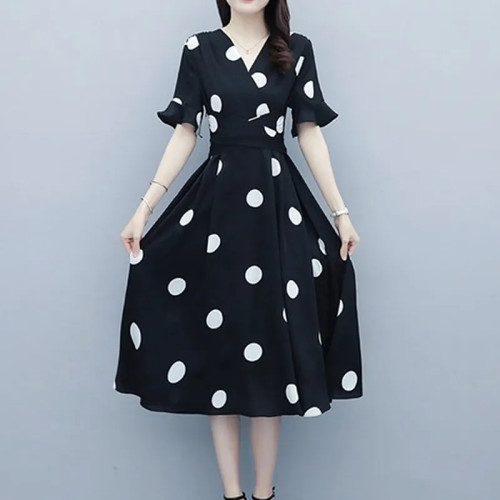 Slim A-line Casual Dress(Black with White dots)